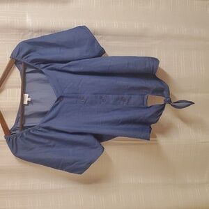 Ava James Blue Blouse Womens Size 1X Lightweight Tie Waist Cold Shoulder